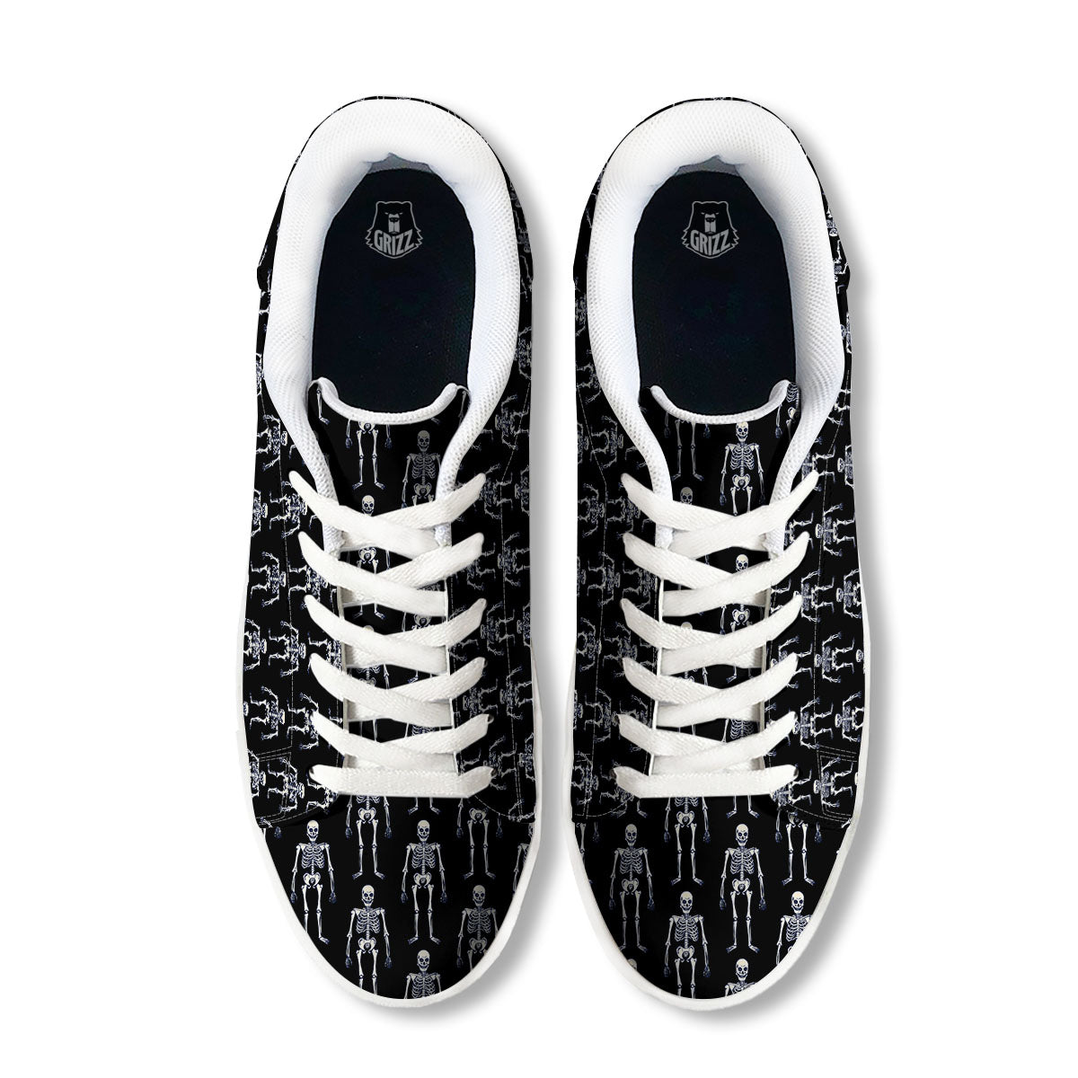 White Skeleton And Black Print Pattern White Low Top Sneakers-grizzshop