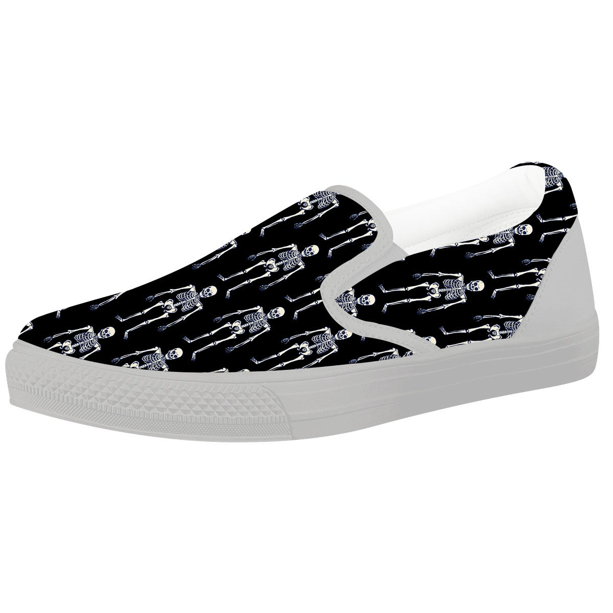 White Skeleton And Black Print Pattern White Slip On Shoes-grizzshop