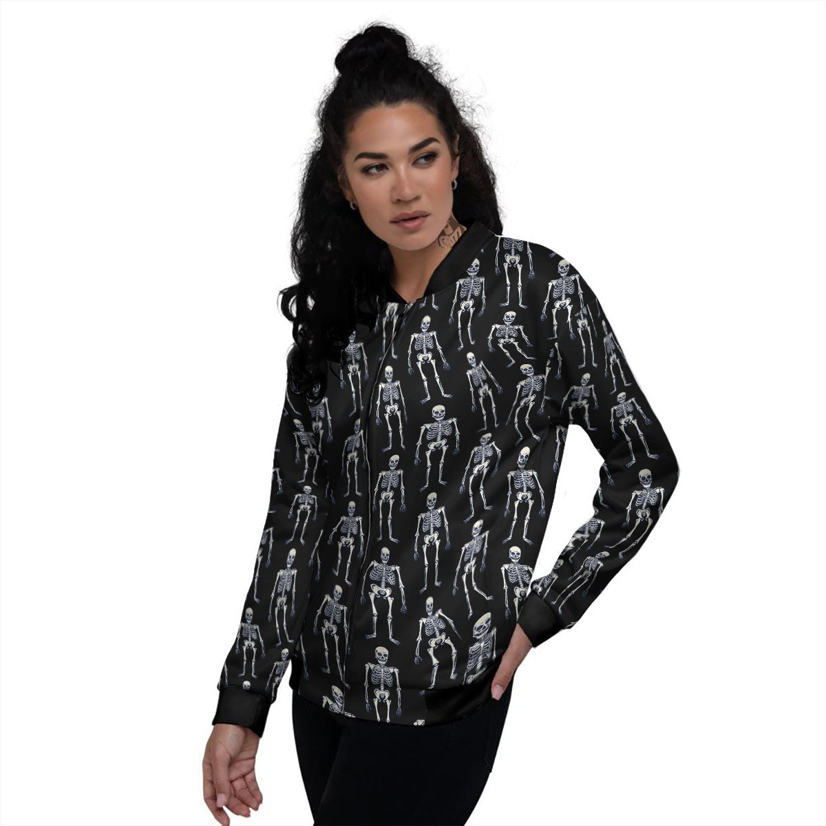 White Skeleton And Black Print Pattern Women's Bomber Jacket-grizzshop