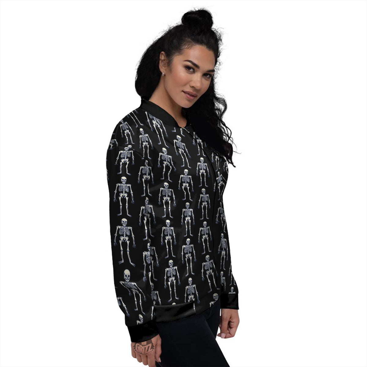 White Skeleton And Black Print Pattern Women's Bomber Jacket-grizzshop