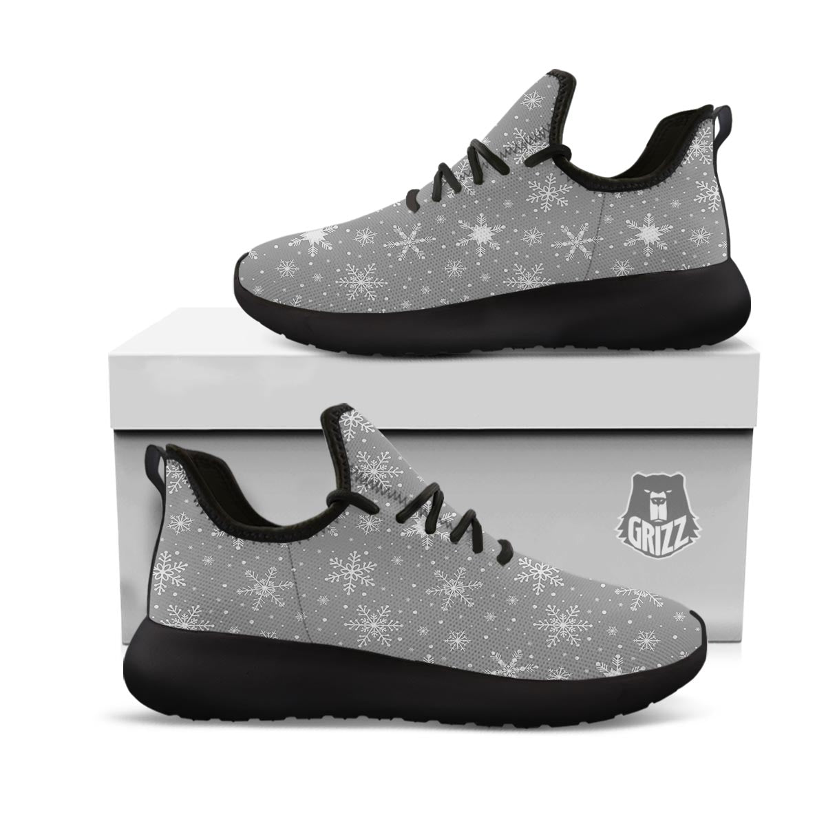 White Snowflake And Silver Print Pattern Black Athletic Shoes-grizzshop