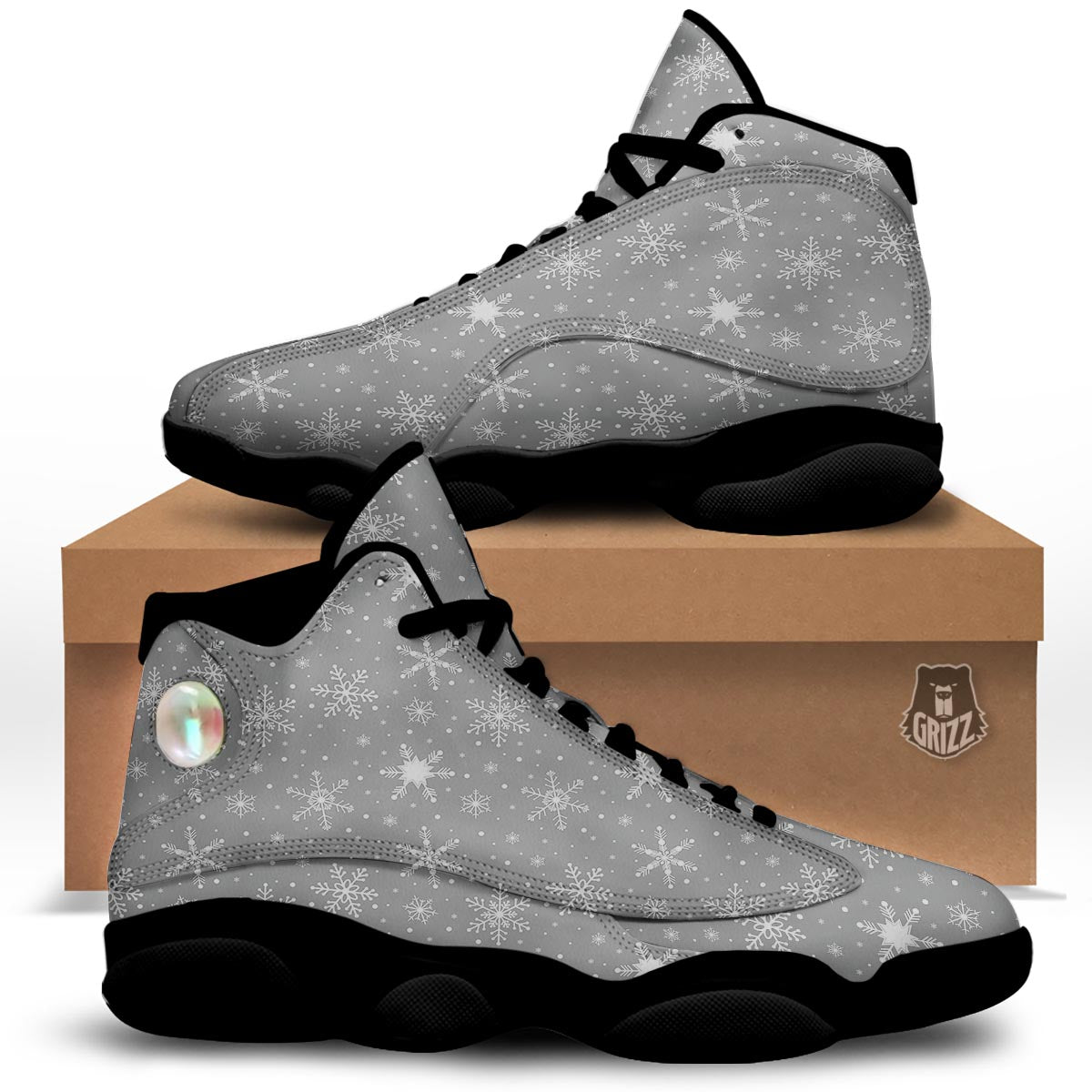 White Snowflake And Silver Print Pattern Black Basketball Shoes-grizzshop