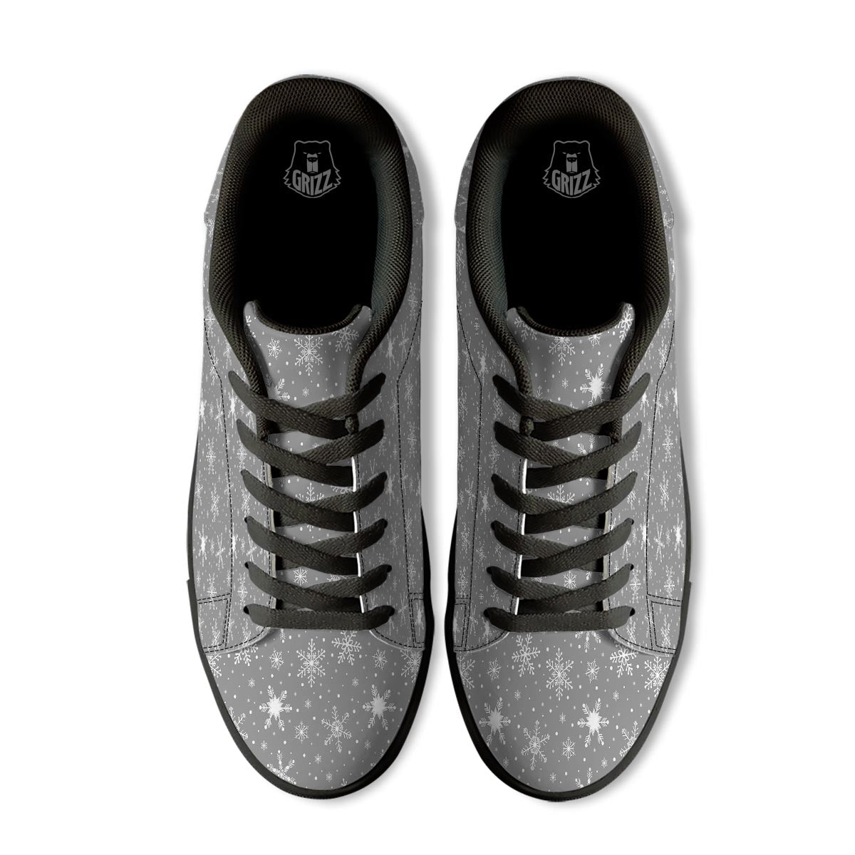 White Snowflake And Silver Print Pattern Black Low Top Sneakers-grizzshop