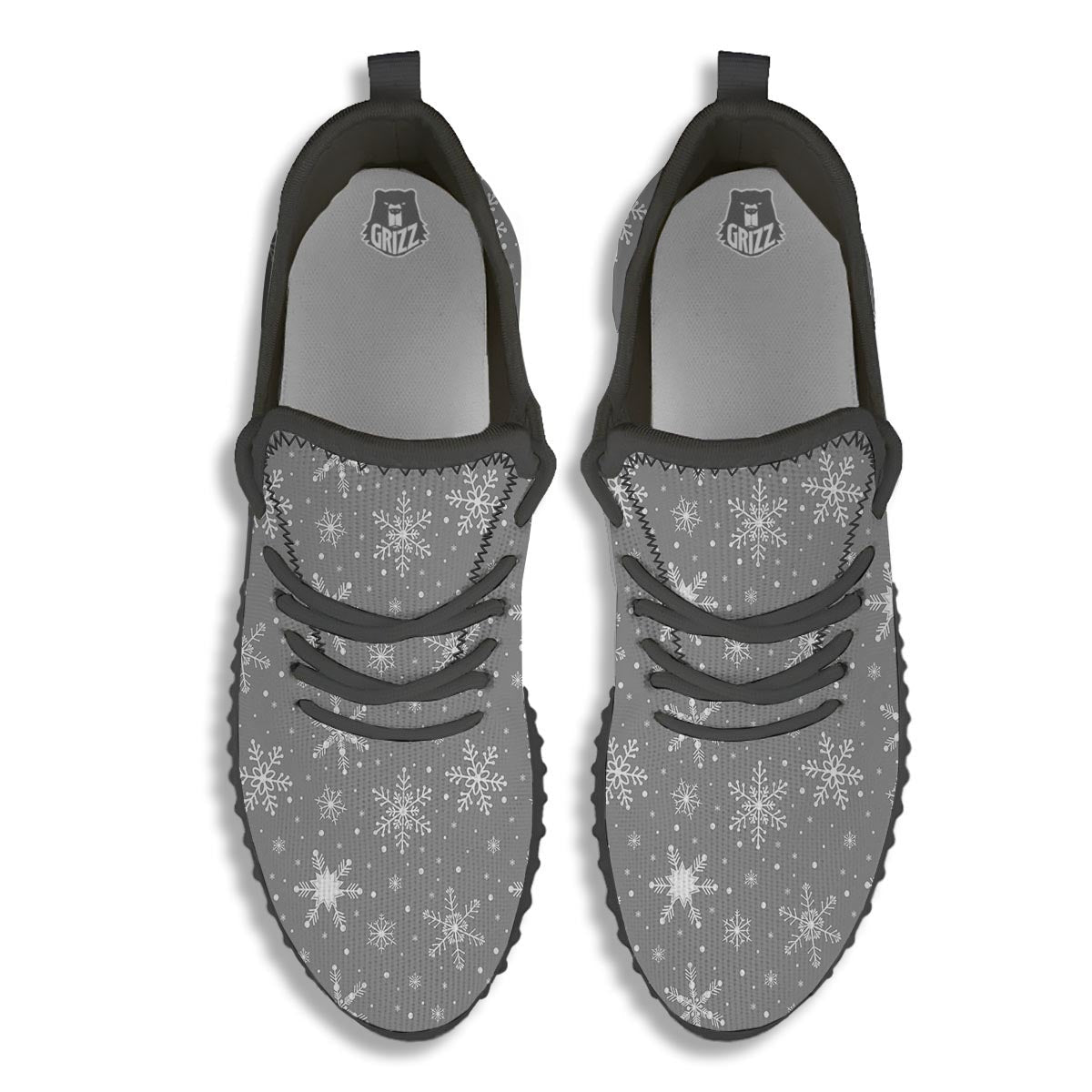 White Snowflake And Silver Print Pattern Black Walking Shoes-grizzshop