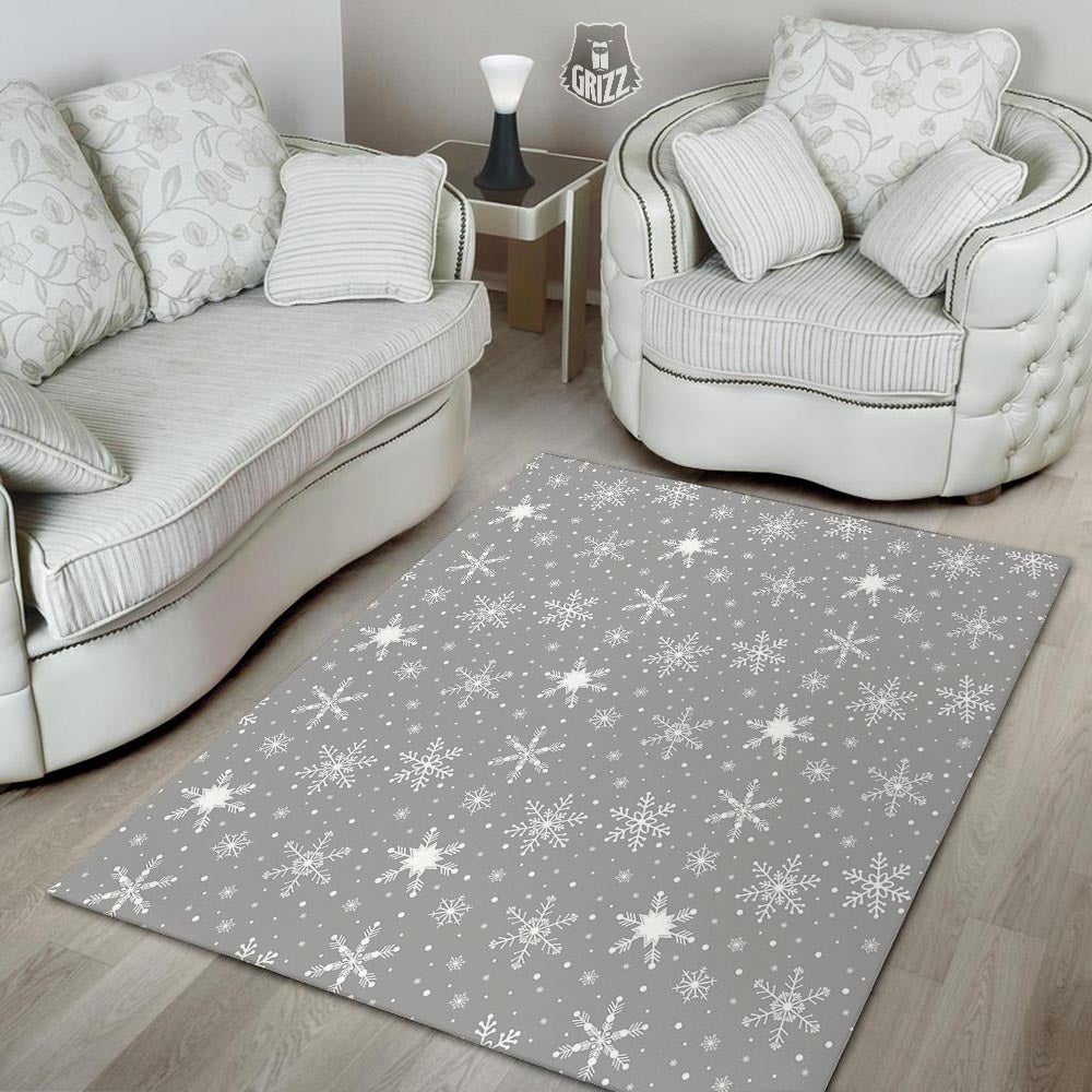 White Snowflake And Silver Print Pattern Floor Mat-grizzshop