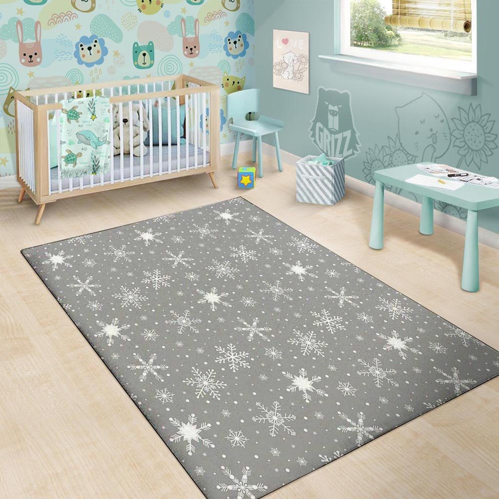 White Snowflake And Silver Print Pattern Floor Mat-grizzshop