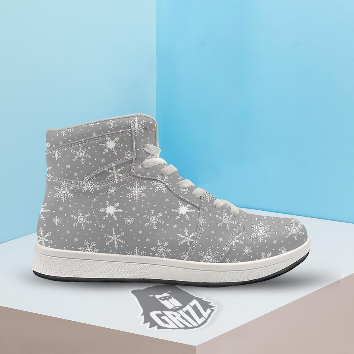 White Snowflake And Silver Print Pattern High Top Sneakers-grizzshop