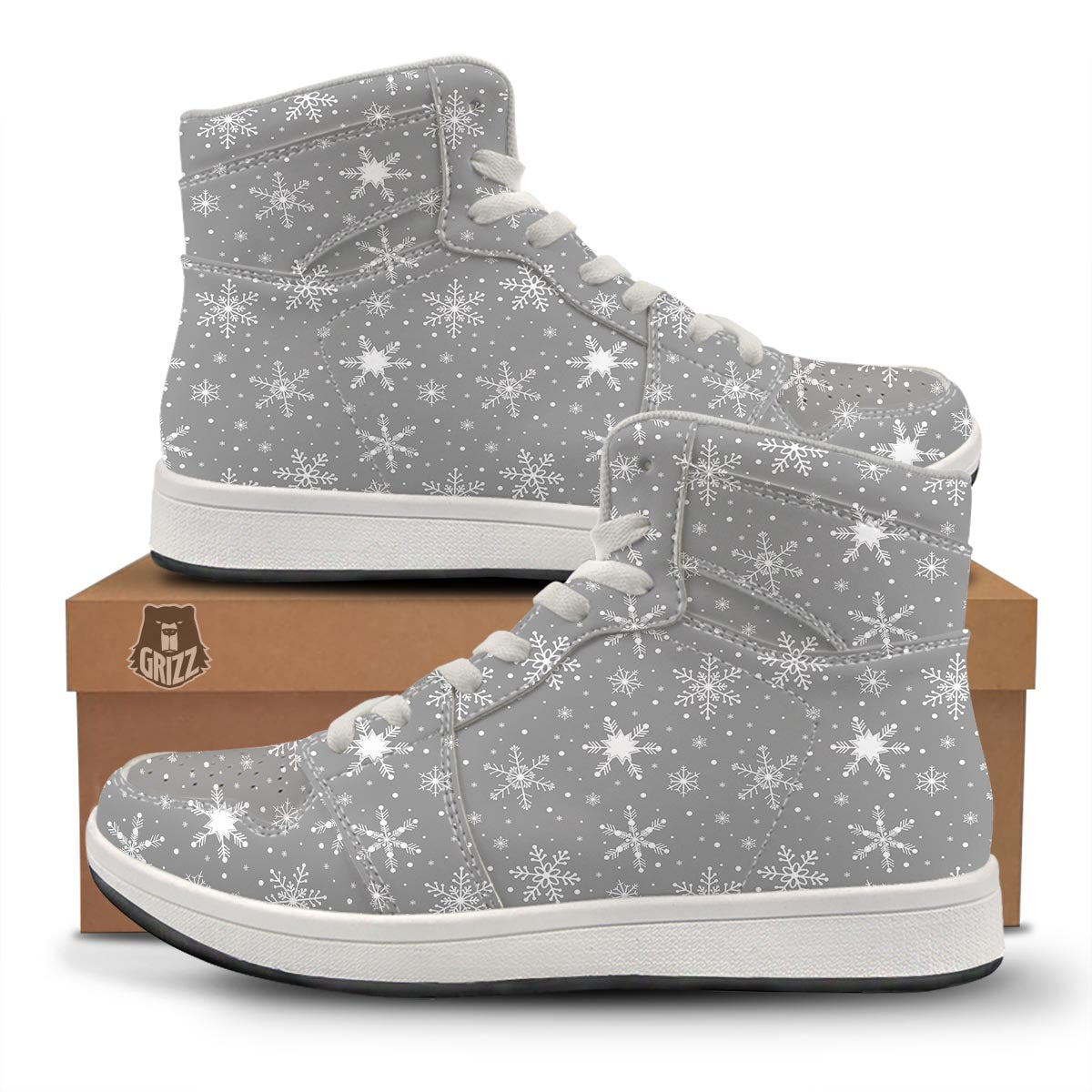 White Snowflake And Silver Print Pattern High Top Sneakers-grizzshop