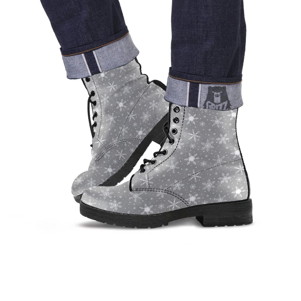White Snowflake And Silver Print Pattern Leather Boots-grizzshop
