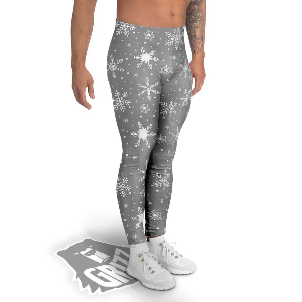 White Snowflake And Silver Print Pattern Men's Leggings-grizzshop