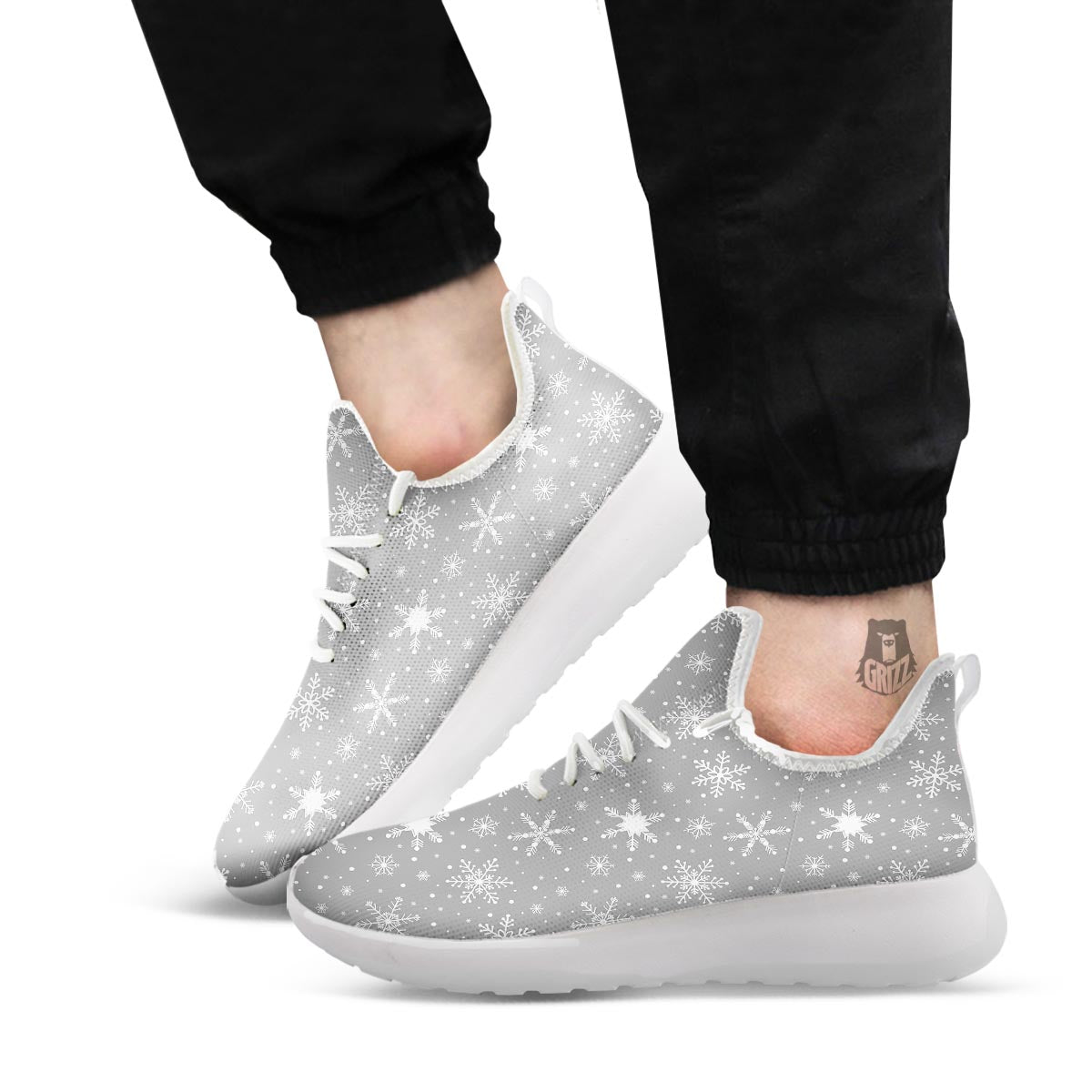 White Snowflake And Silver Print Pattern White Athletic Shoes-grizzshop