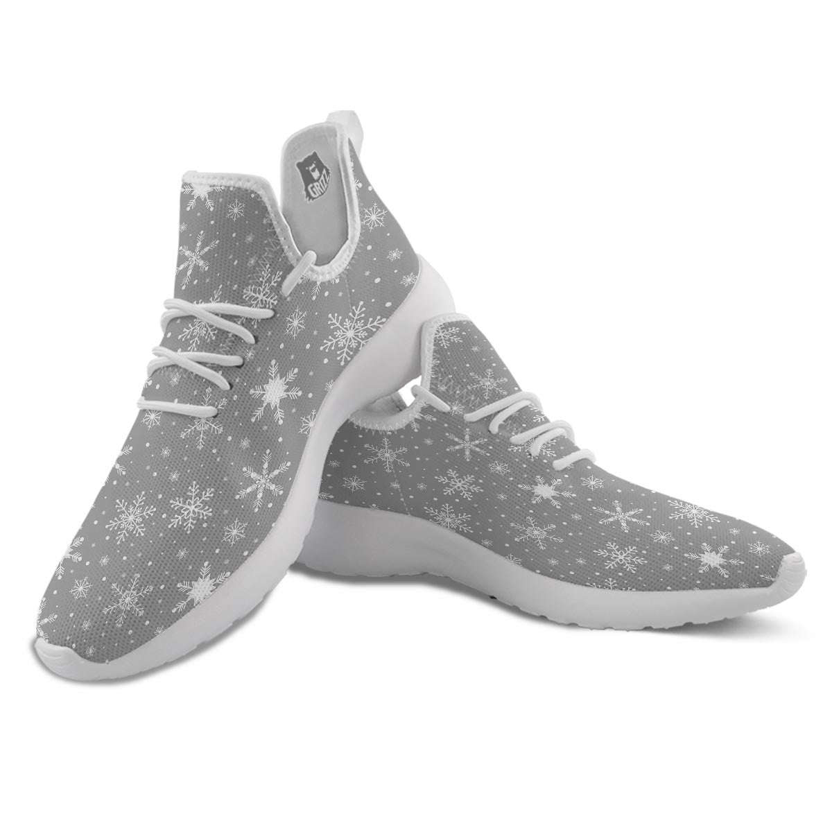 White Snowflake And Silver Print Pattern White Athletic Shoes-grizzshop