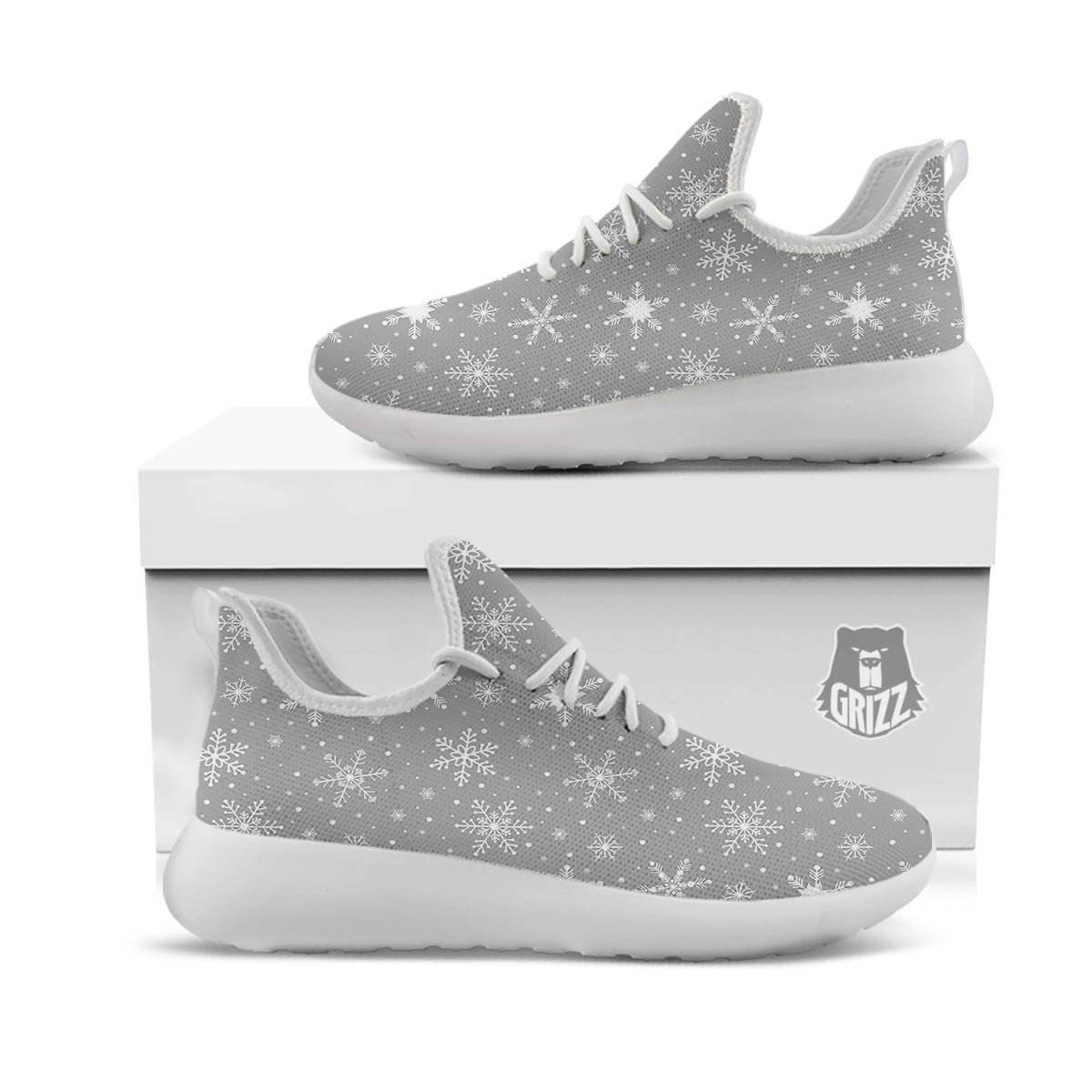 White Snowflake And Silver Print Pattern White Athletic Shoes-grizzshop