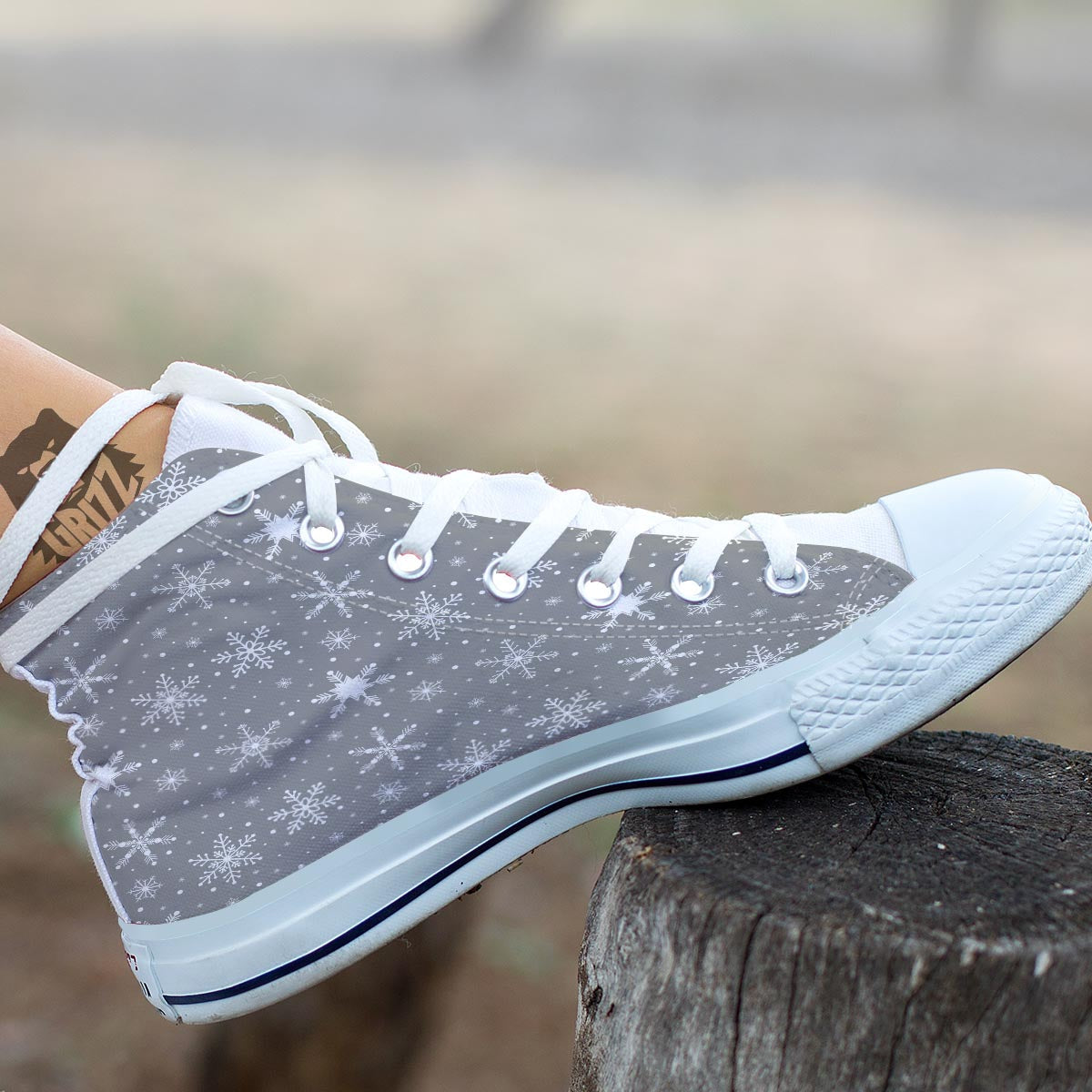 White Snowflake And Silver Print Pattern White High Top Shoes-grizzshop