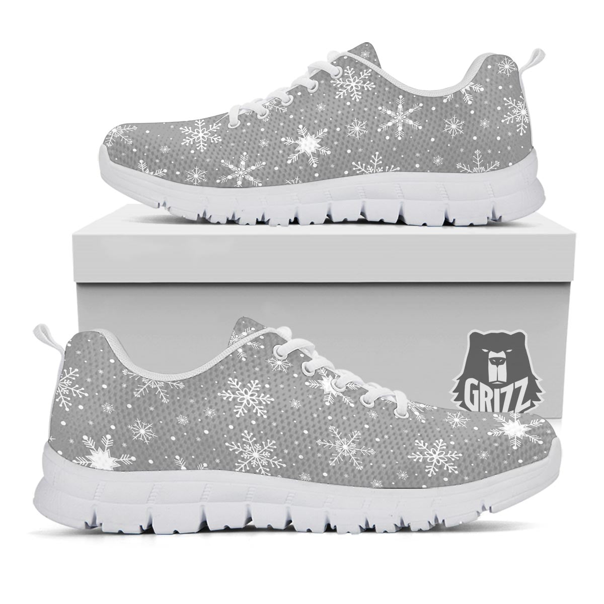 White Snowflake And Silver Print Pattern White Sneaker-grizzshop