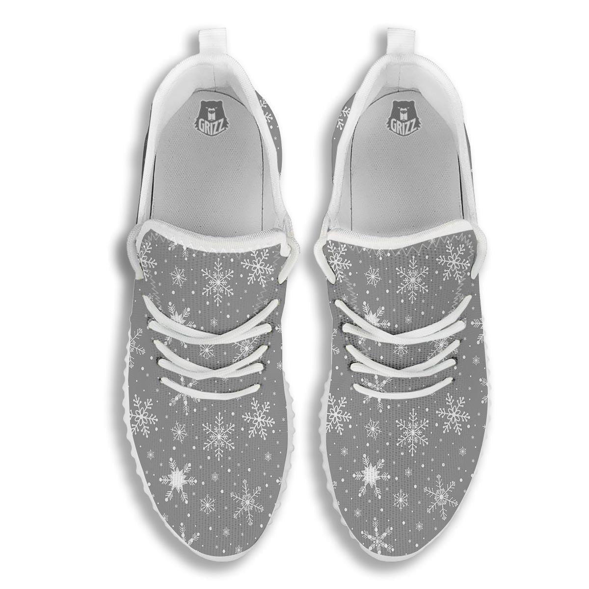 White Snowflake And Silver Print Pattern White Walking Shoes-grizzshop