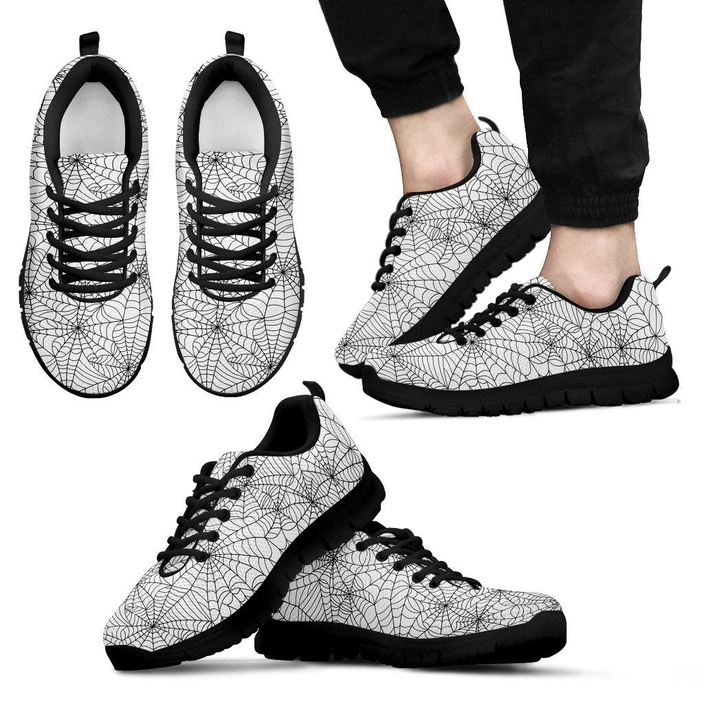 White Spider Web Pattern Print Black Sneaker Shoes For Men Women-grizzshop