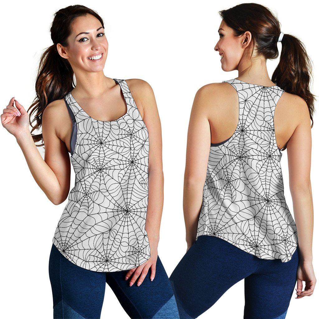 White Spider Web Pattern Print Women's Racerback Tank Tops-grizzshop