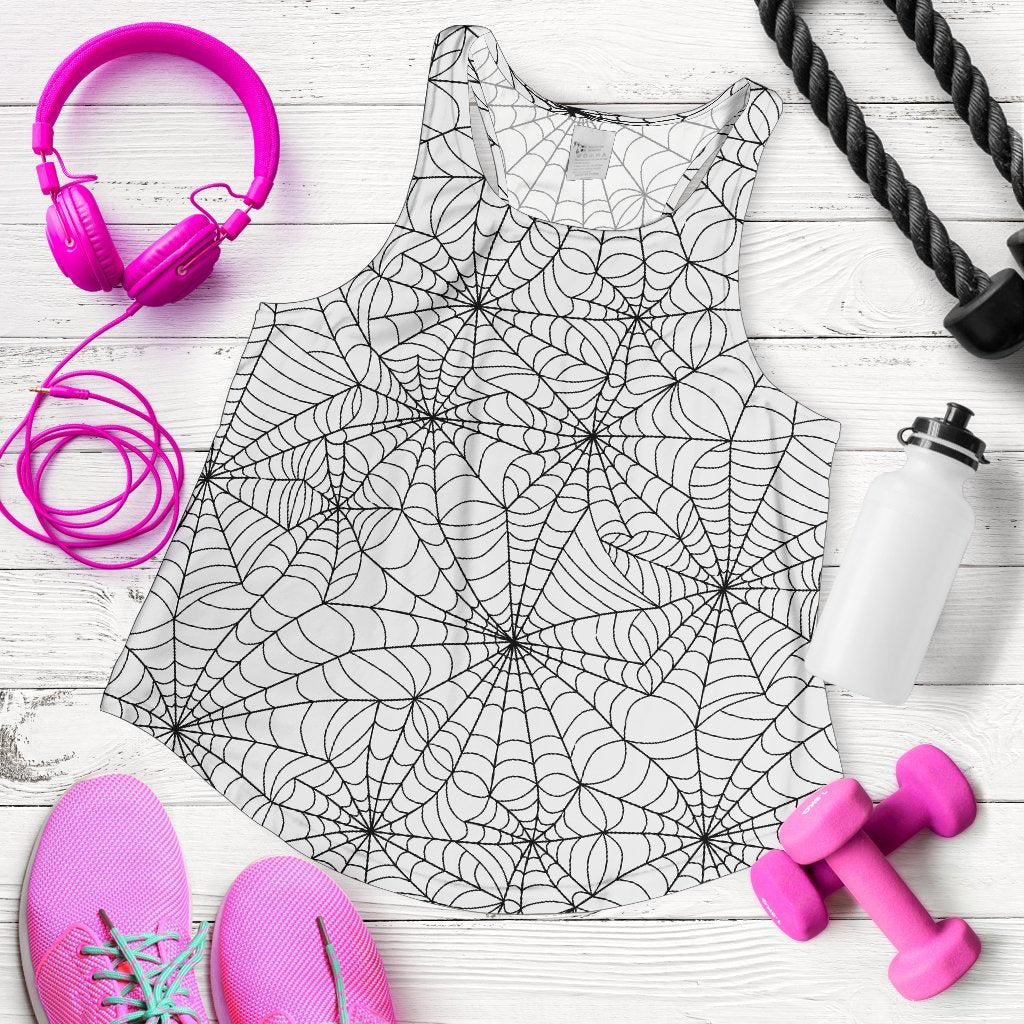 White Spider Web Pattern Print Women's Racerback Tank Tops-grizzshop