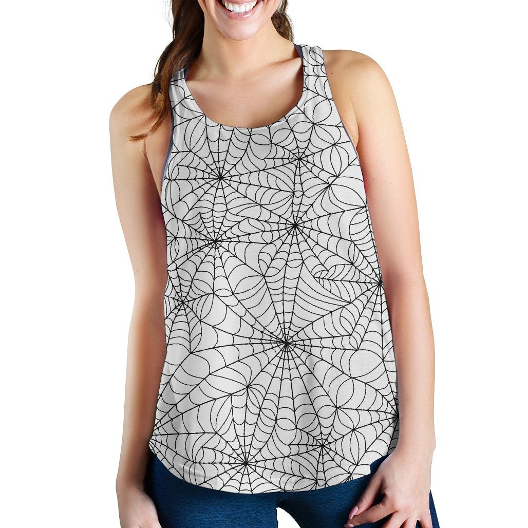 White Spider Web Pattern Print Women's Racerback Tank Tops-grizzshop
