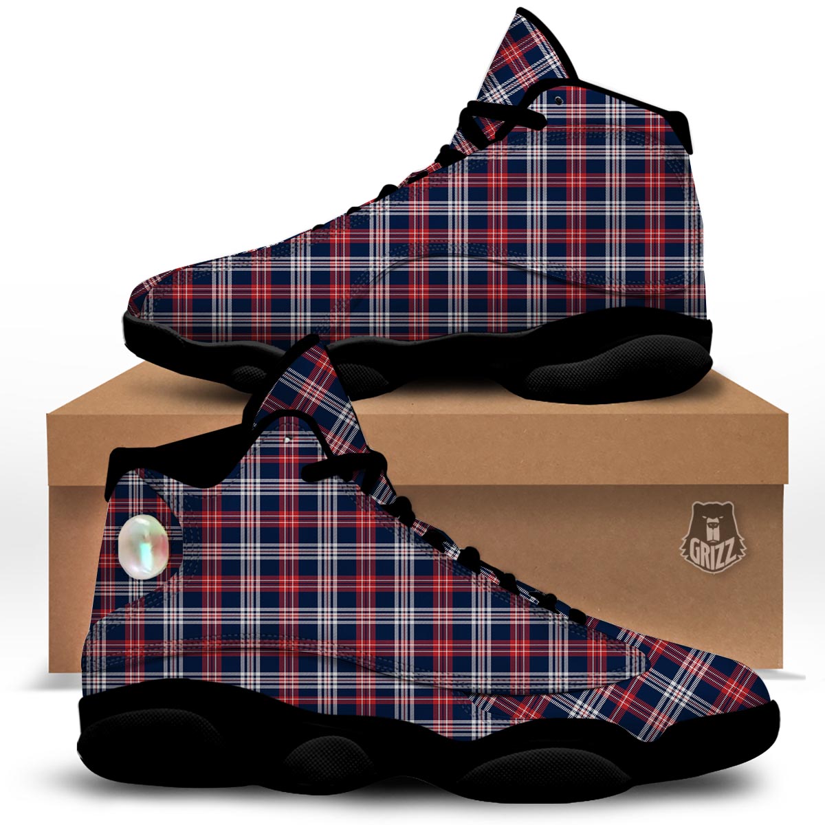 White Tartan And Blue Red Print Pattern Black Basketball Shoes-grizzshop