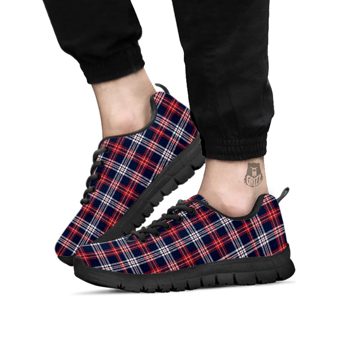 White Tartan And Blue Red Print Pattern Black Sneaker-grizzshop