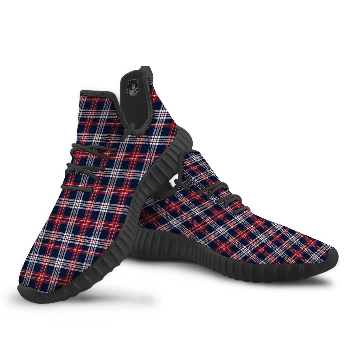 White Tartan And Blue Red Print Pattern Black Walking Shoes-grizzshop