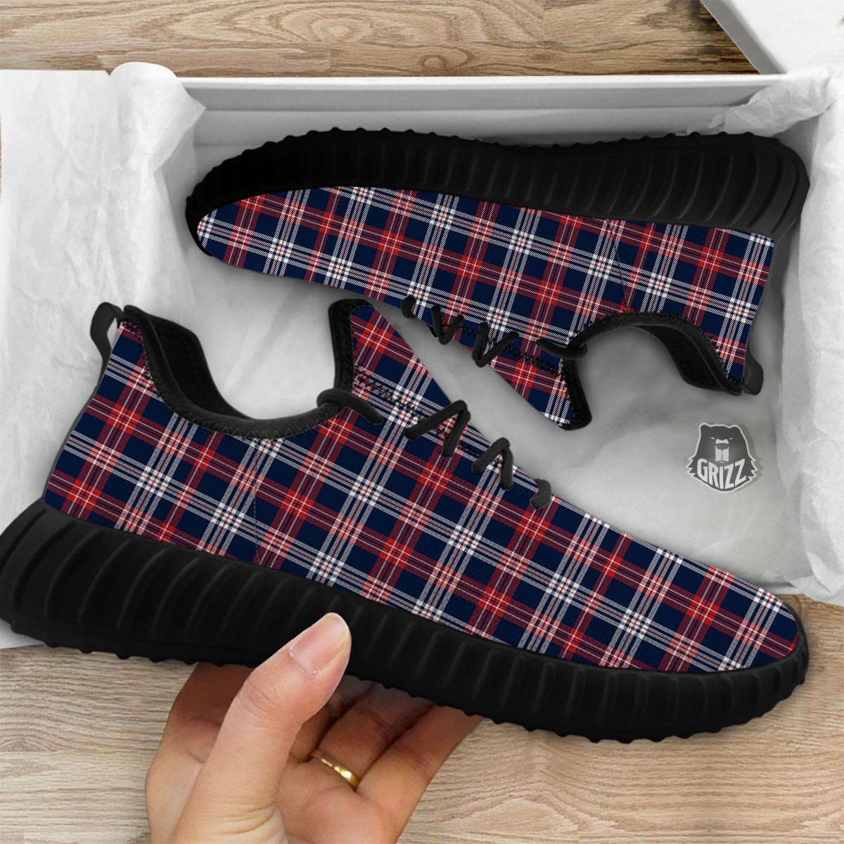 White Tartan And Blue Red Print Pattern Black Walking Shoes-grizzshop