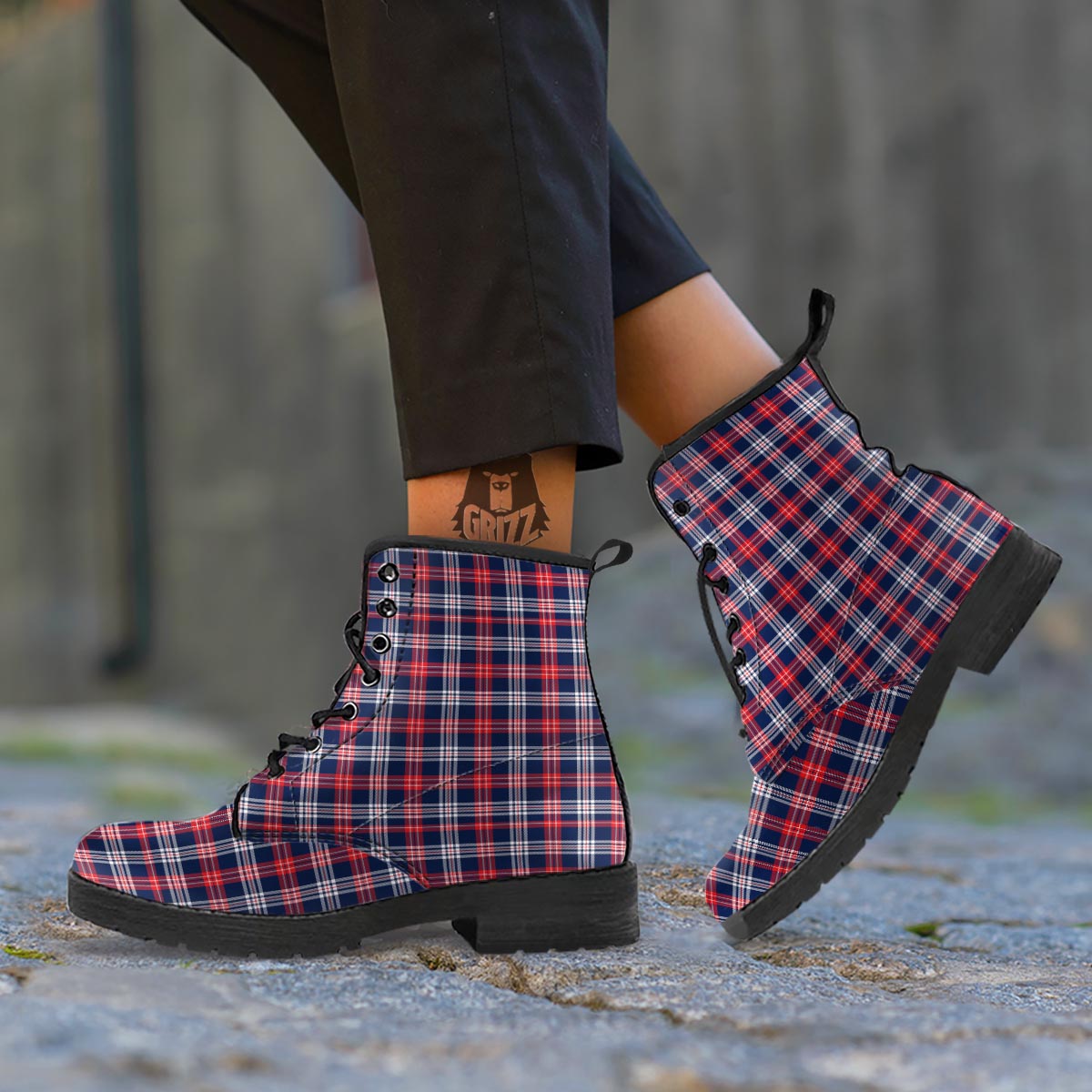White Tartan And Blue Red Print Pattern Leather Boots-grizzshop