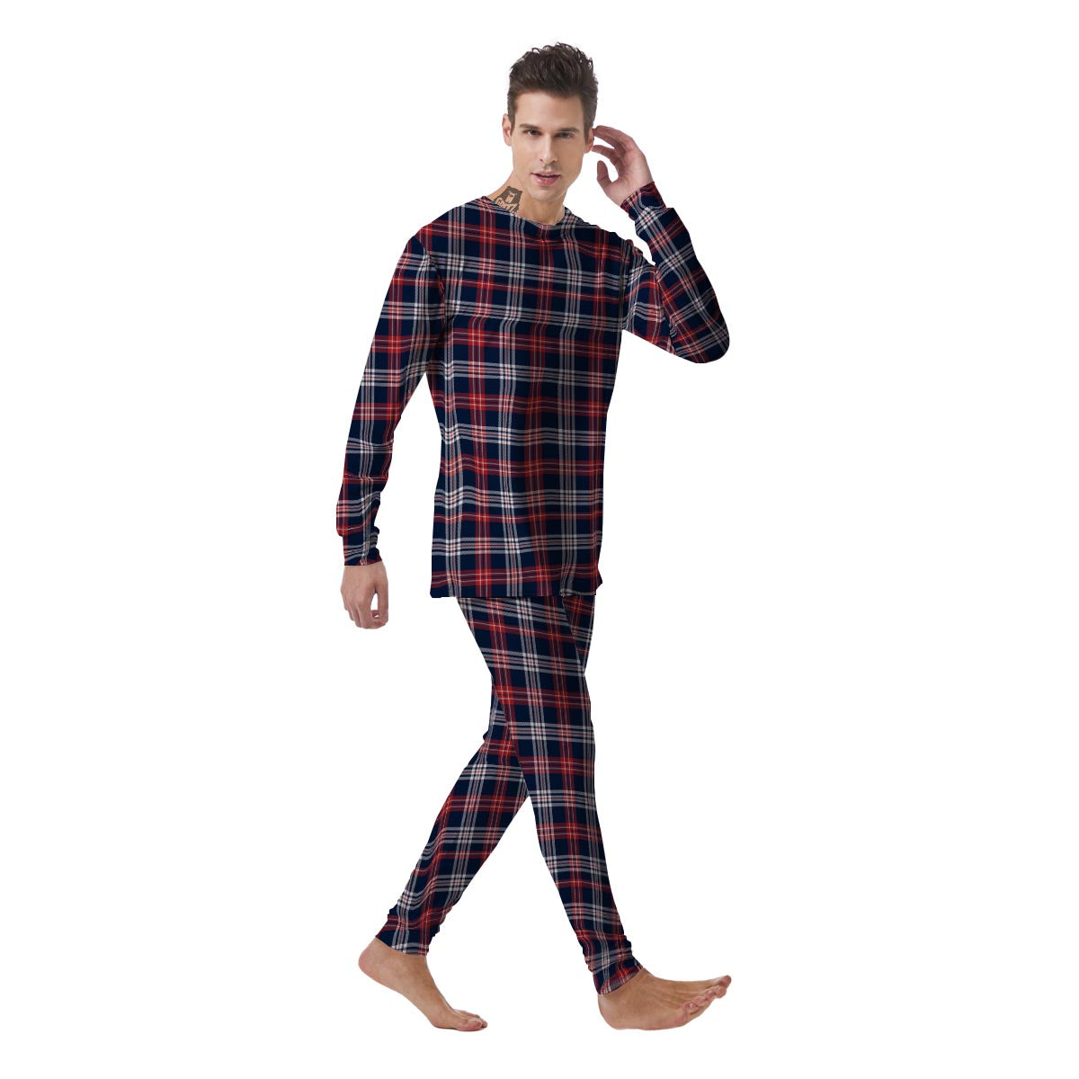 White Tartan And Blue Red Print Pattern Men's Pajamas-grizzshop