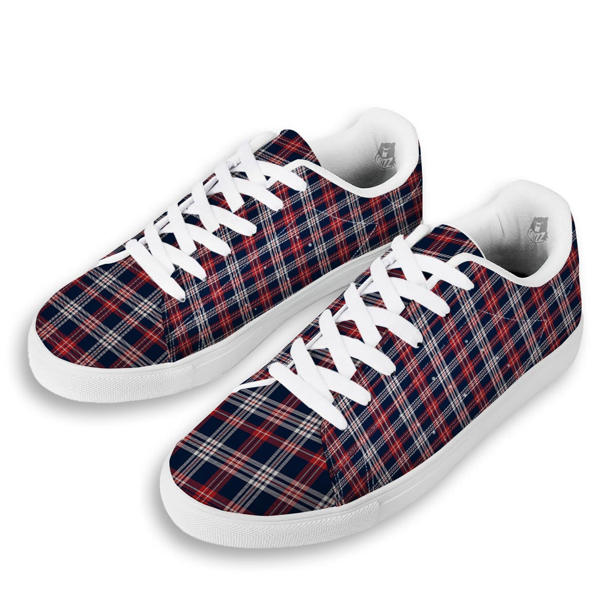 White Tartan And Blue Red Print Pattern White Low Top Sneakers-grizzshop