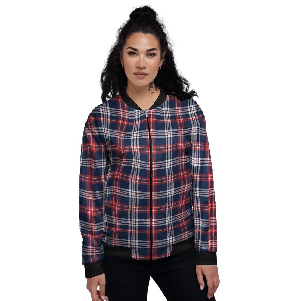 White Tartan And Blue Red Print Pattern Women's Bomber Jacket-grizzshop