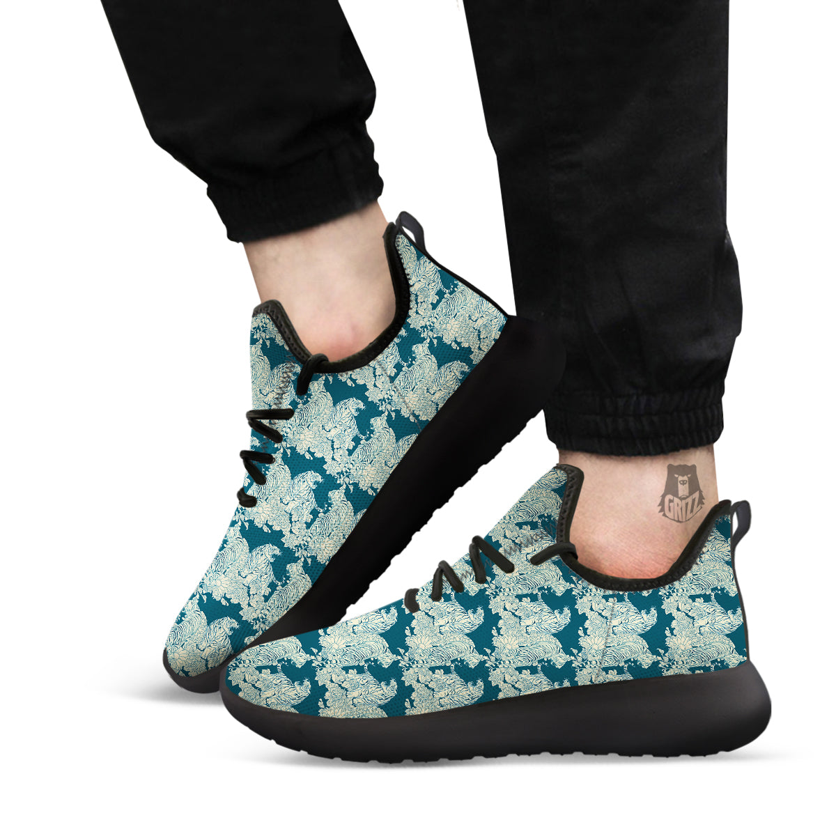 White Tiger Japanese Print Pattern Black Athletic Shoes-grizzshop