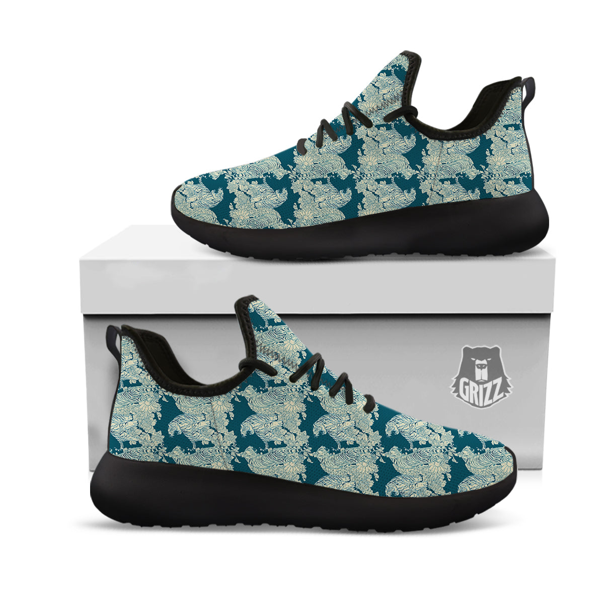 White Tiger Japanese Print Pattern Black Athletic Shoes-grizzshop
