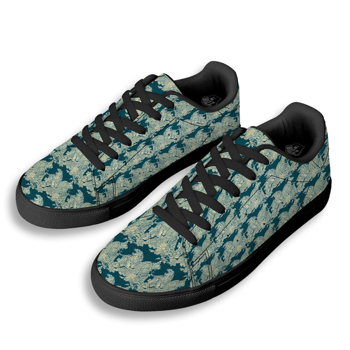White Tiger Japanese Print Pattern Black Low Top Sneakers-grizzshop