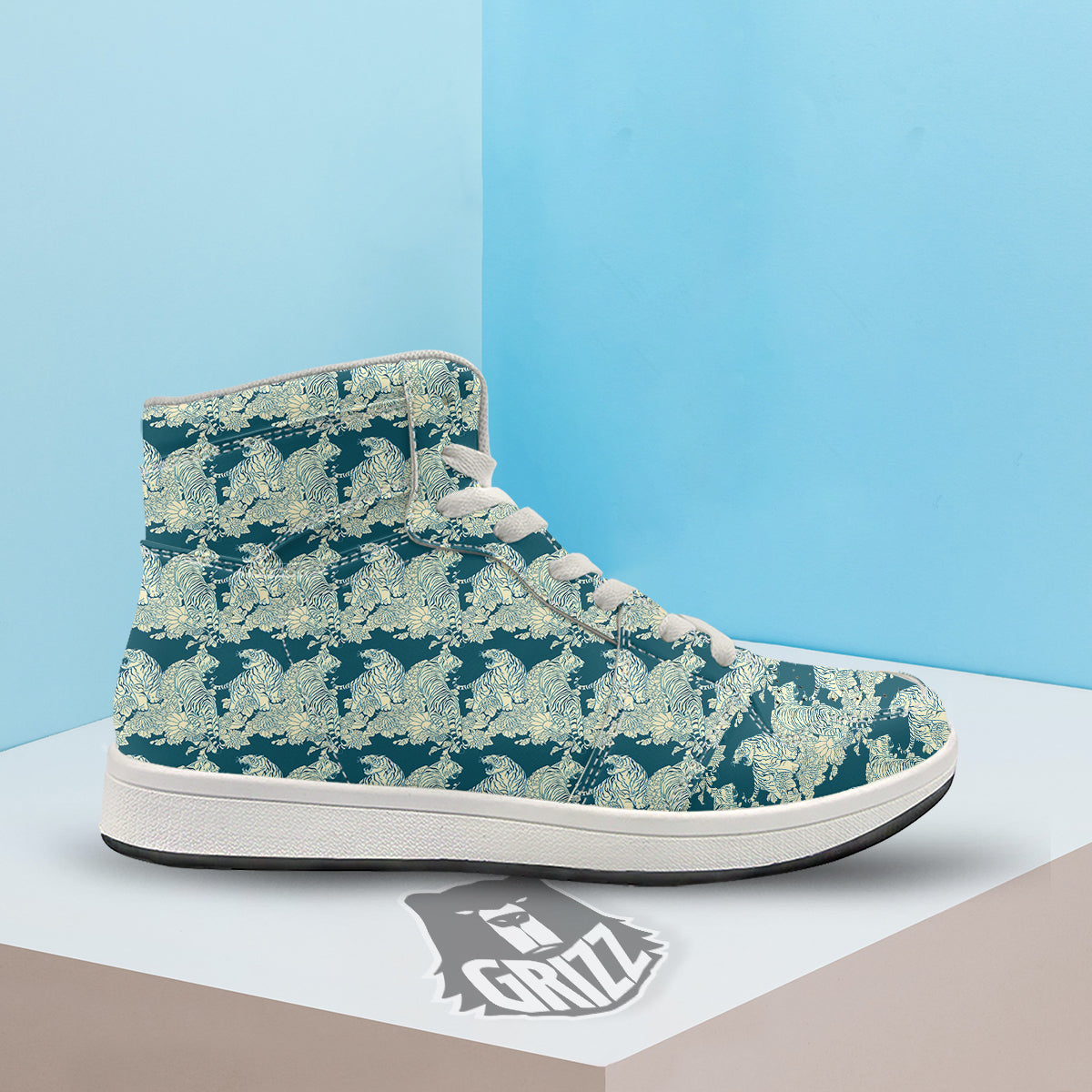 White Tiger Japanese Print Pattern High Top Sneakers-grizzshop