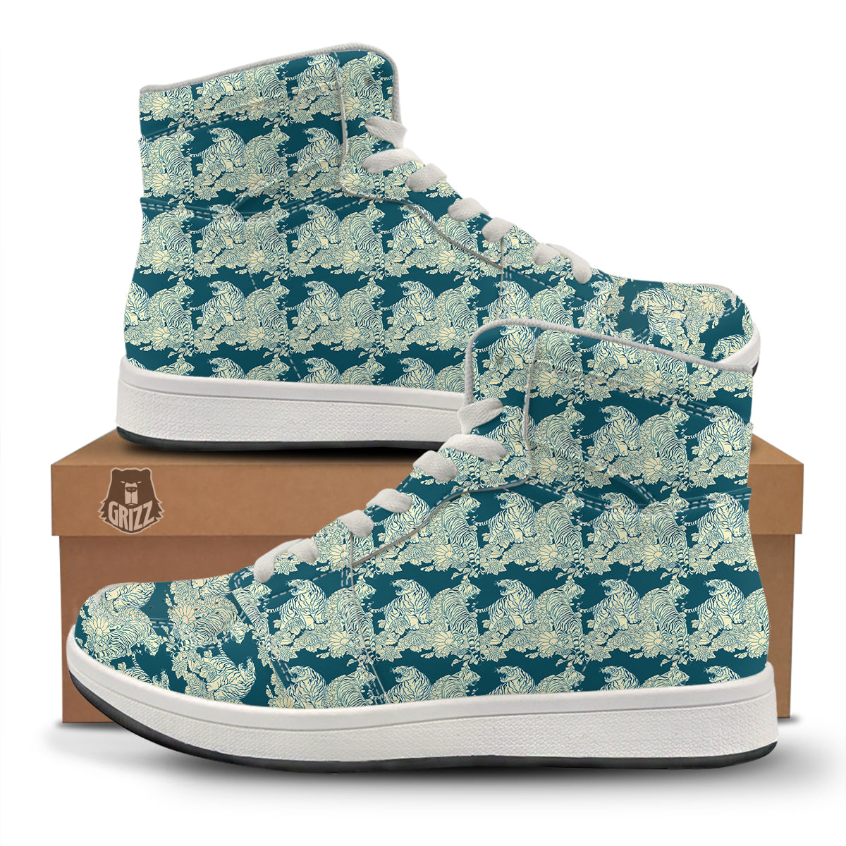 White Tiger Japanese Print Pattern High Top Sneakers-grizzshop