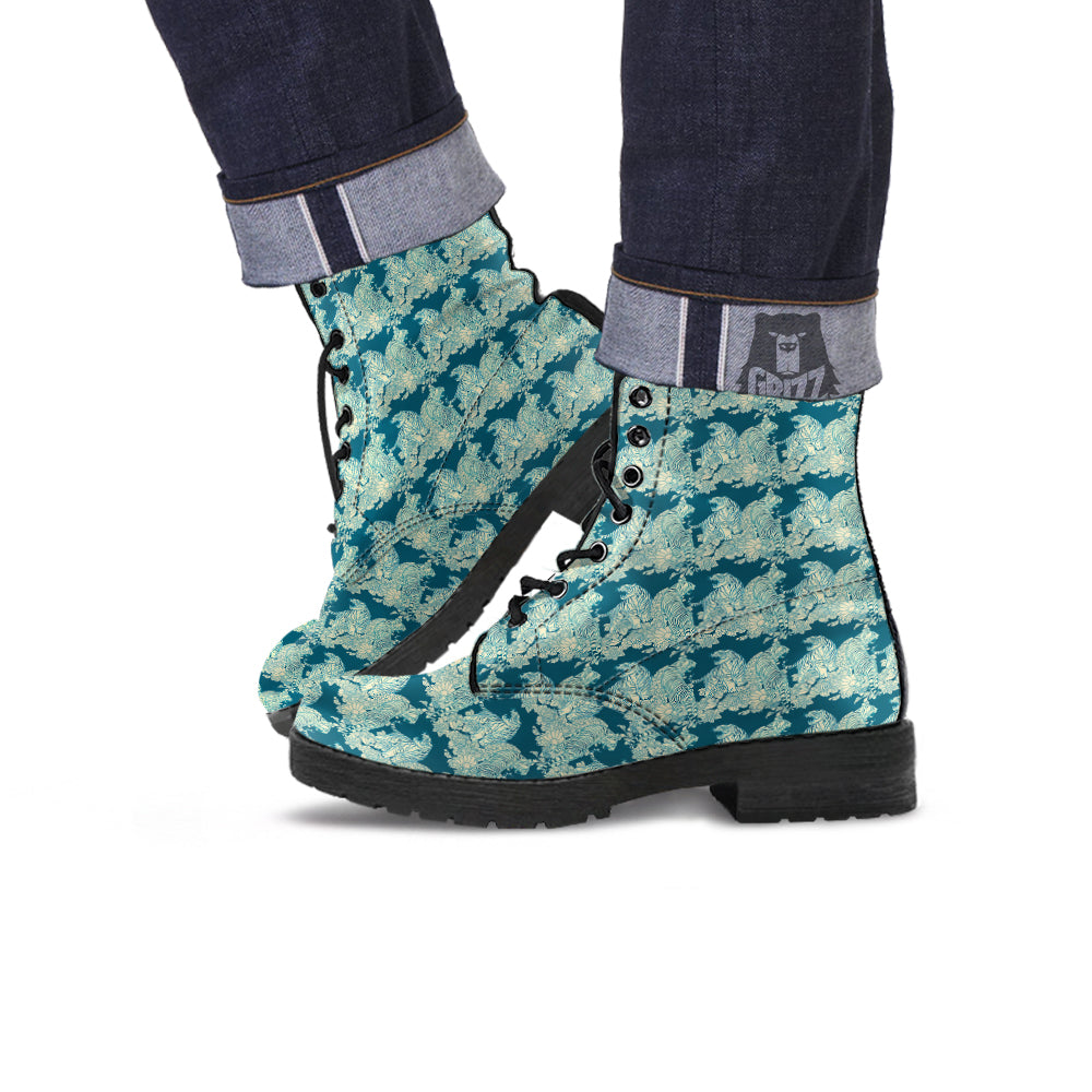 White Tiger Japanese Print Pattern Leather Boots-grizzshop