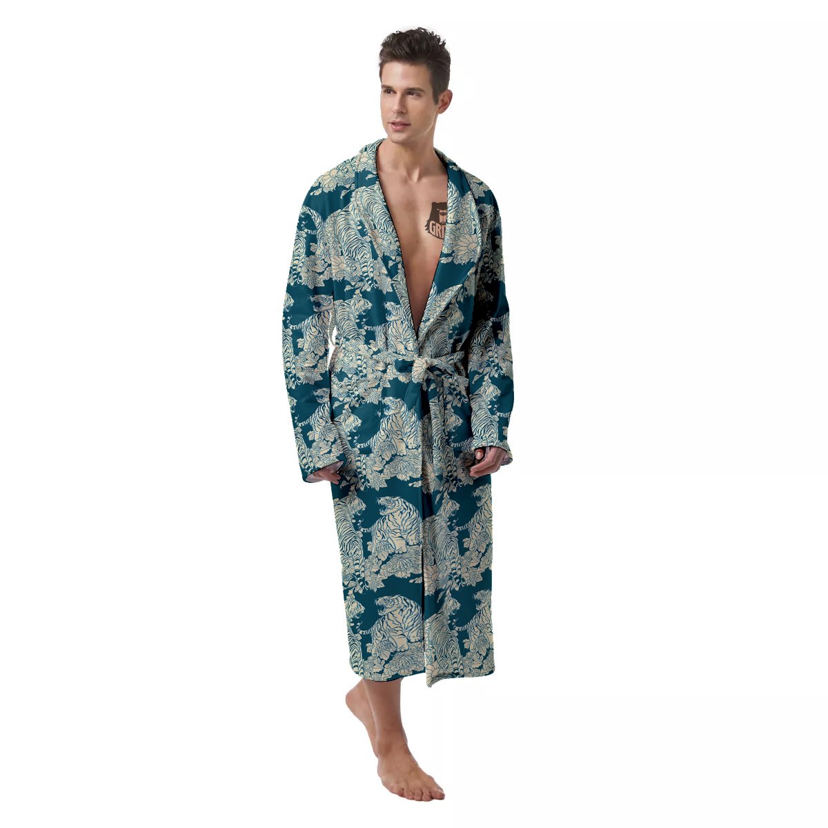 White Tiger Japanese Print Pattern Men's Robe-grizzshop