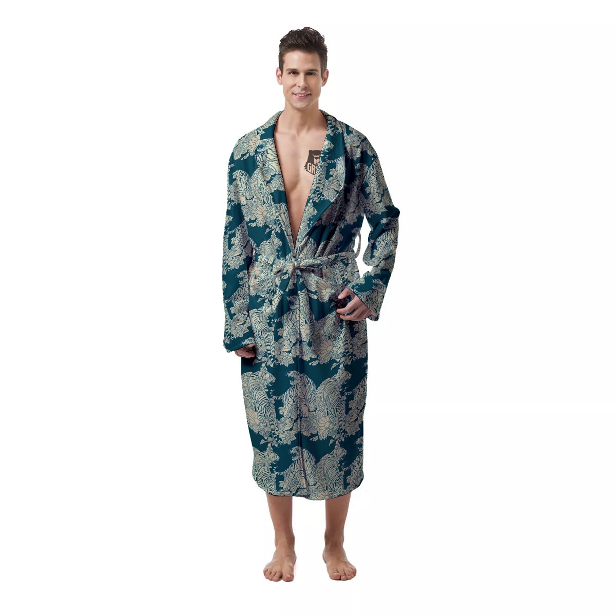 White Tiger Japanese Print Pattern Men's Robe-grizzshop