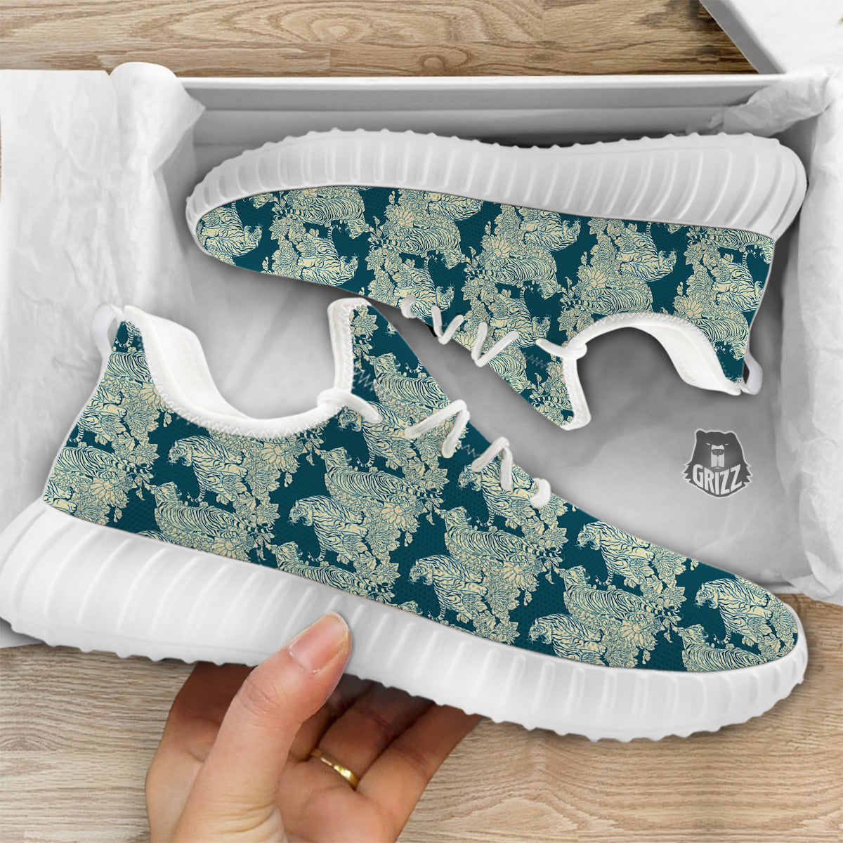 White Tiger Japanese Print Pattern White Walking Shoes-grizzshop