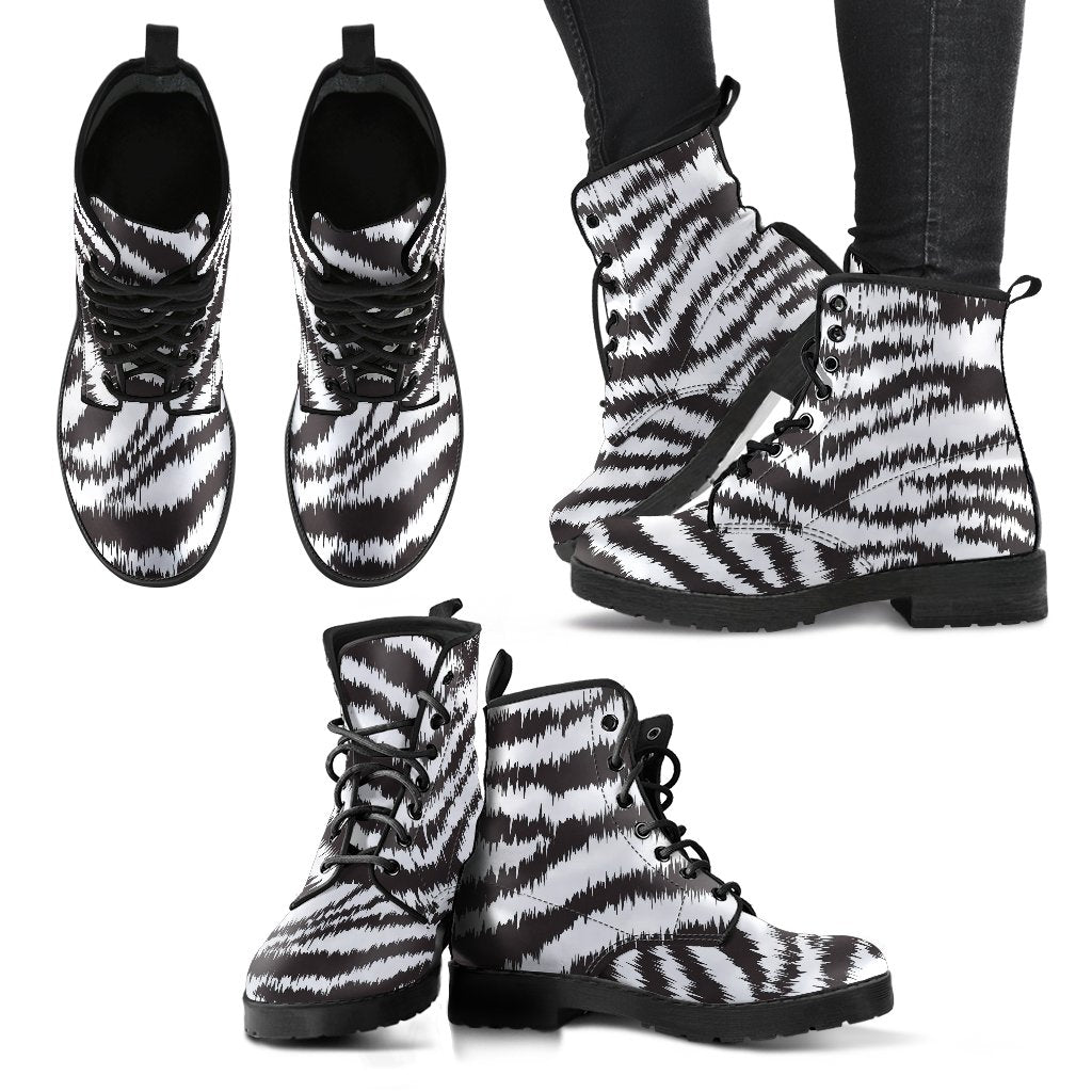 White Tiger Pattern Print Men Women Leather Boots-grizzshop