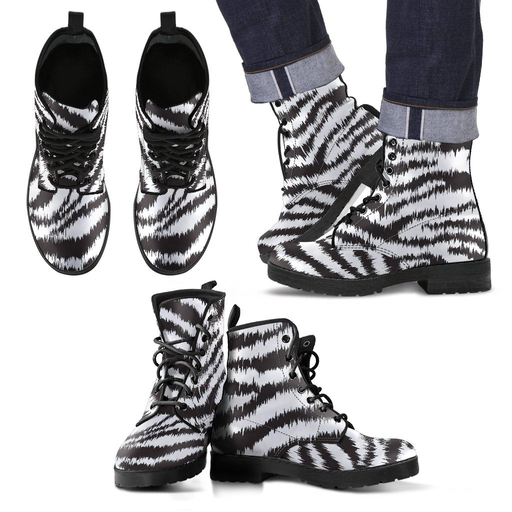 White Tiger Pattern Print Men Women Leather Boots-grizzshop