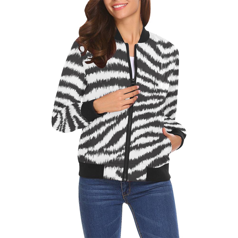 White Tiger Pattern Print Women Casual Bomber Jacket-grizzshop