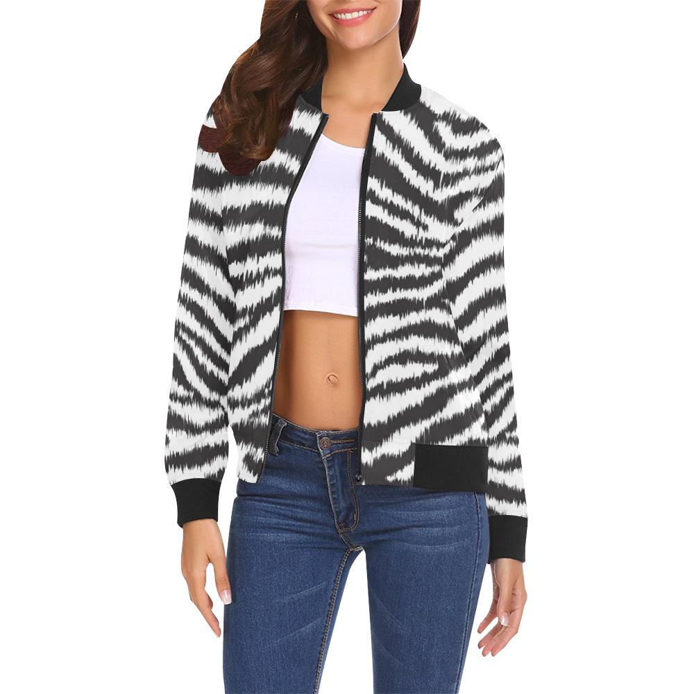 White Tiger Pattern Print Women Casual Bomber Jacket-grizzshop