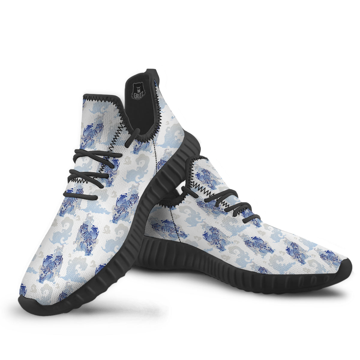 White Tiger Tattoo Japanese Print Pattern Black Walking Shoes-grizzshop