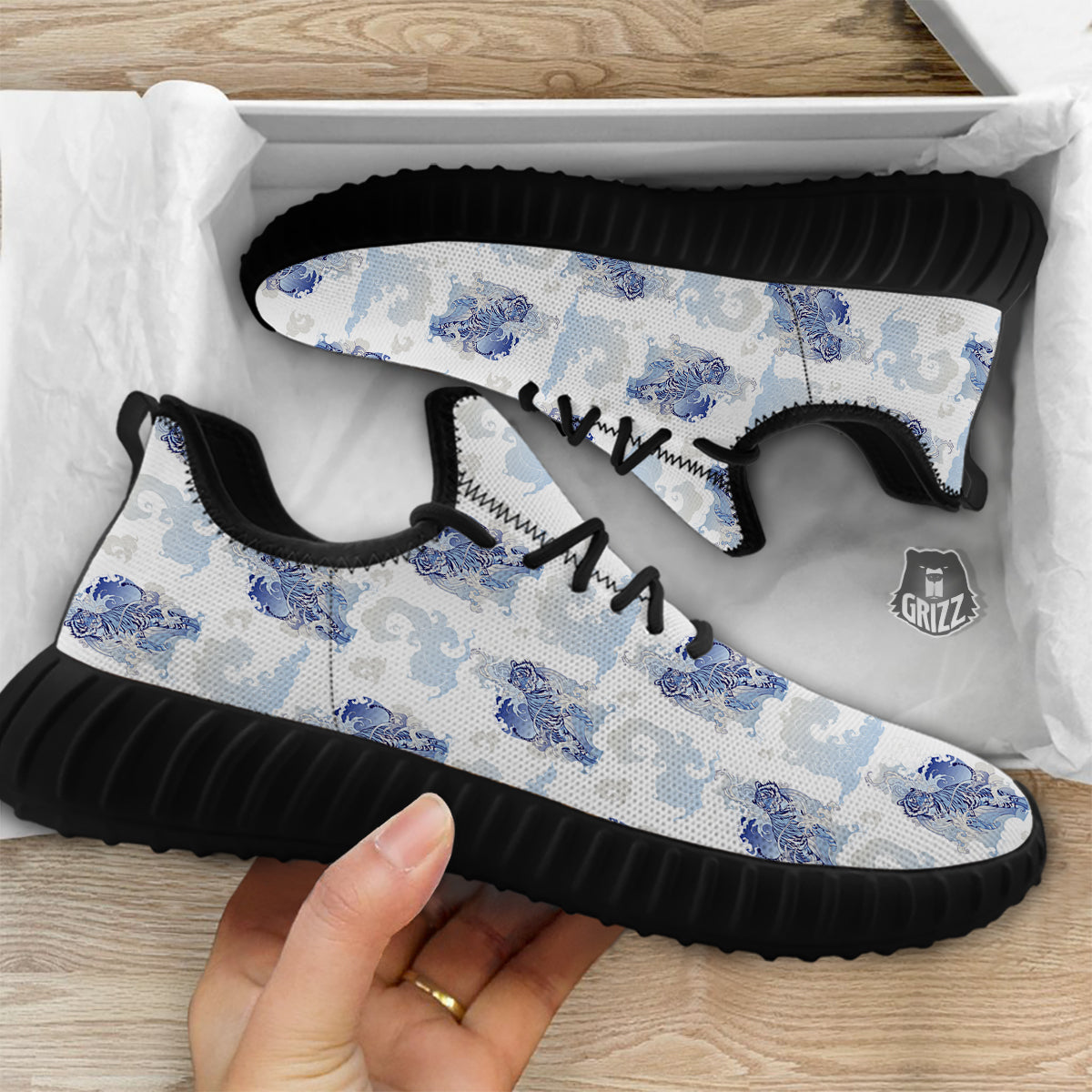 White Tiger Tattoo Japanese Print Pattern Black Walking Shoes-grizzshop