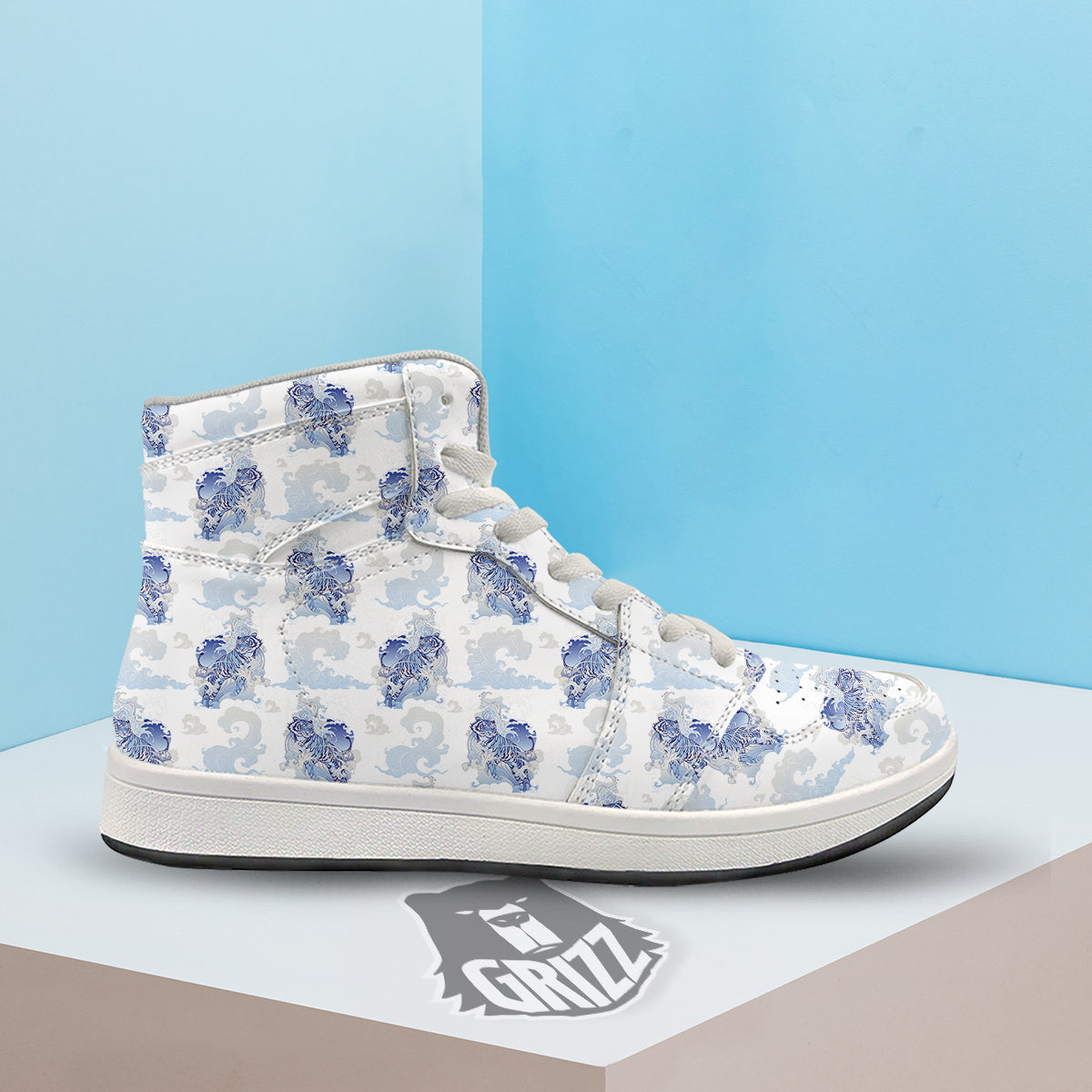 White Tiger Tattoo Japanese Print Pattern High Top Sneakers-grizzshop