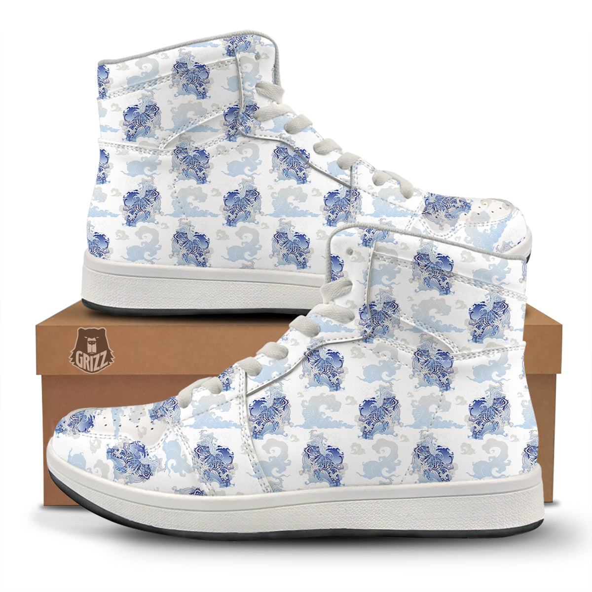 White Tiger Tattoo Japanese Print Pattern High Top Sneakers-grizzshop