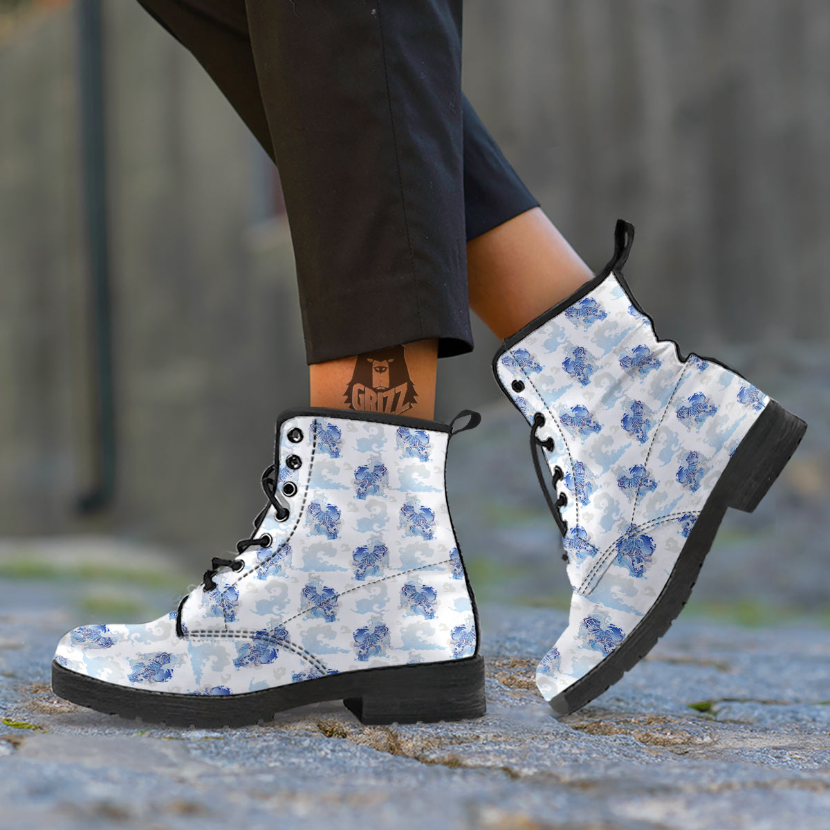 White Tiger Tattoo Japanese Print Pattern Leather Boots-grizzshop